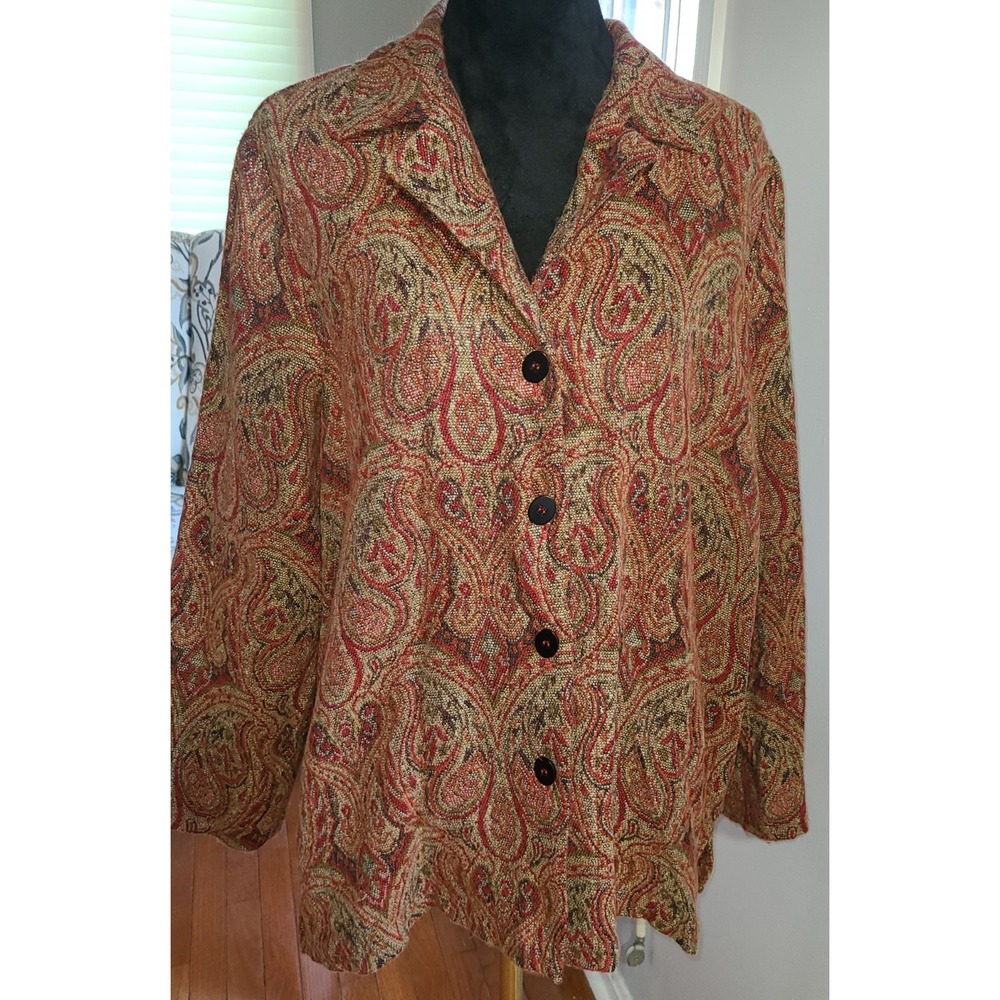 Sag Harbor Womens Size 16 Blazer Brown Paisley Tapestry Button Front Long Sleeve